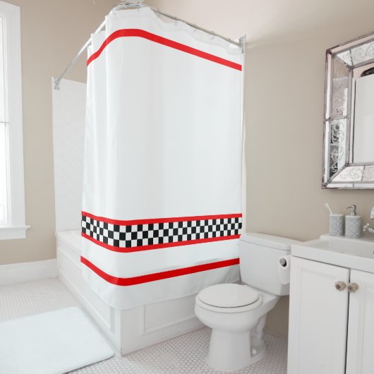 Zwart wit cheque met rode streep douchegordijn (In situ)