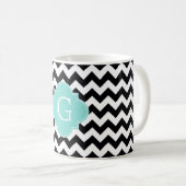 Zwart wit Chevron Aqua Quatrefoil Monogram Koffiemok (Voorkant rechts)