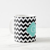 Zwart wit Chevron Aqua Quatrefoil Monogram Koffiemok (Voorkant links)