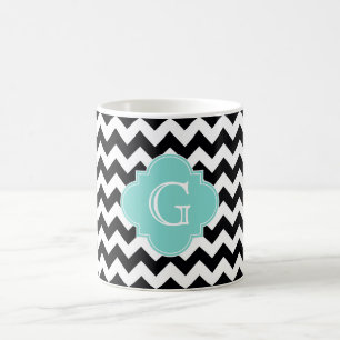Zwart wit Chevron Aqua Quatrefoil Monogram Koffiemok