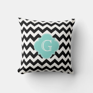 Zwart Wit Chevron Aqua Quatrefoil Monogram Kussen