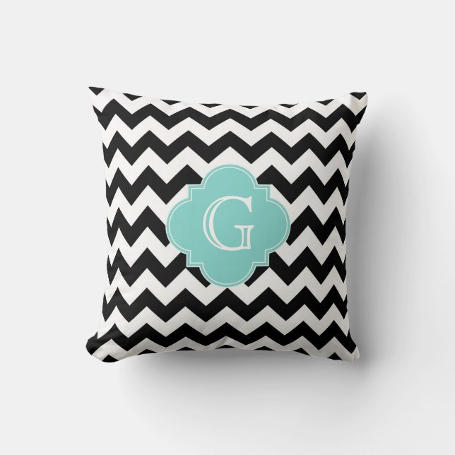 Zwart Wit Chevron Aqua Quatrefoil Monogram Kussen (Voorkant)