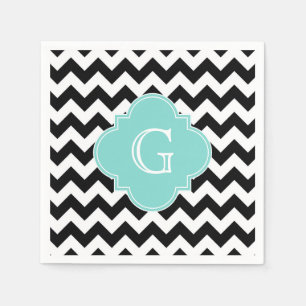 Zwart wit Chevron Aqua Quatrefoil Monogram Servet