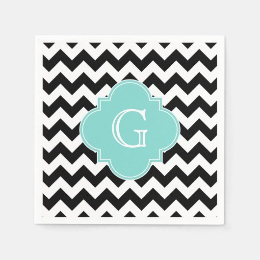 Zwart wit Chevron Aqua Quatrefoil Monogram Servet (Voorkant)
