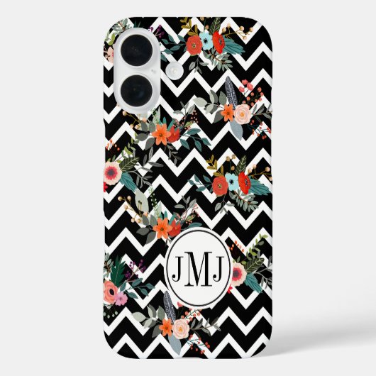 Zwart-wit Chevron Bloemrijke Monogram  Case-Mate iPhone Case (Achterkant)