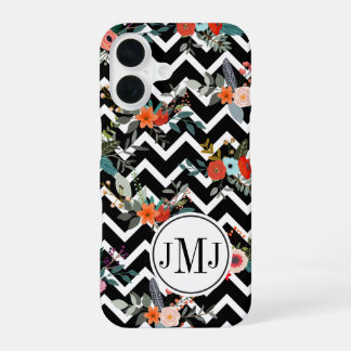 Zwart-wit Chevron Bloemrijke Monogram iPhone 16 Hoesje