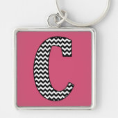 Zwart-wit Chevron "C" Monogram Vierkante Sleutelha Sleutelhanger (Voorkant)
