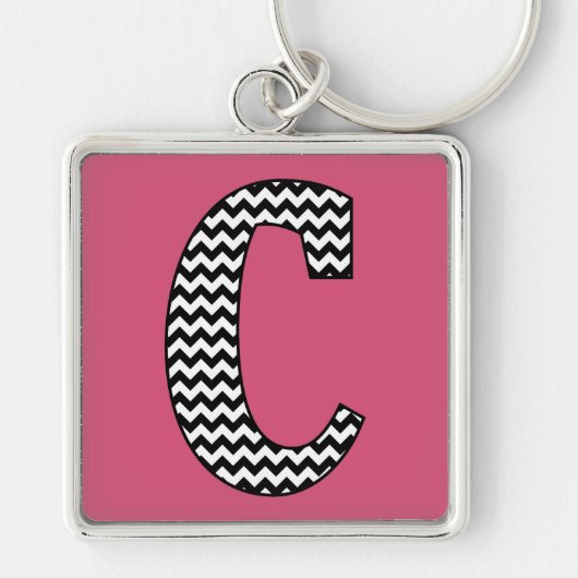 Zwart-wit Chevron "C" Monogram Vierkante Sleutelha Sleutelhanger (Voorkant)