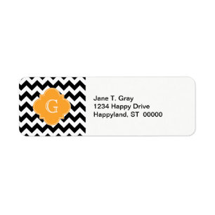 Zwart wit Chevron Cantaloupe Quatrefoil Monogram Etiket