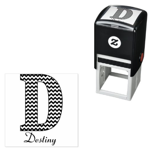 Zwart-wit Chevron Letter D Monogram en Naam Zelfinktende Stempel (In situ)