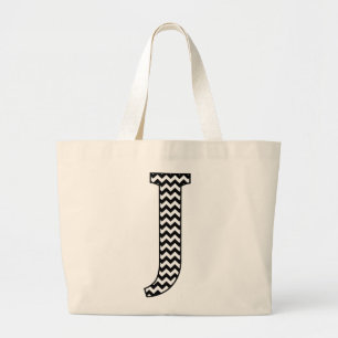 Zwart-wit Chevron Letter J Monogram Grote Tote Bag