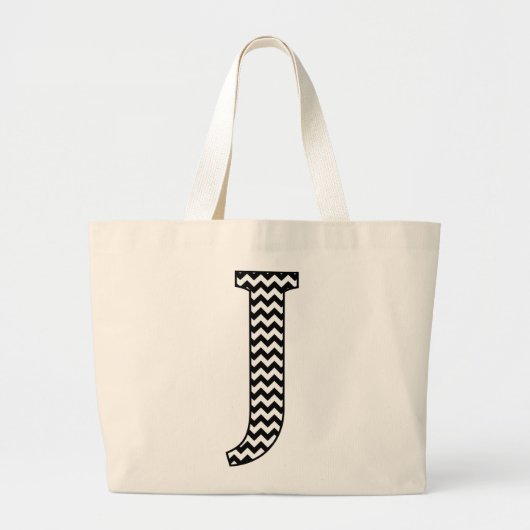 Zwart-wit Chevron Letter J Monogram Grote Tote Bag (Voorkant)