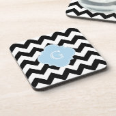 Zwart wit Chevron Lt Blauw Quatrefoil Monogram Onderzetter (Linkerzijde)