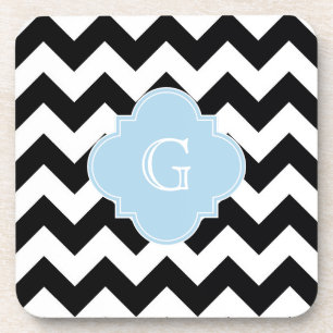 Zwart wit Chevron Lt Blauw Quatrefoil Monogram Onderzetter