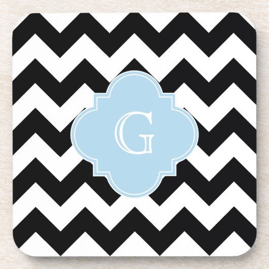 Zwart wit Chevron Lt Blauw Quatrefoil Monogram Onderzetter (Voorkant)