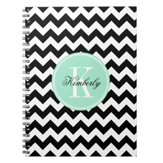Zwart-wit chevron met mint monogram notitieboek (Voorkant)