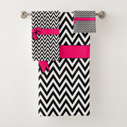 Zwart-wit Chevron met Roze Strik Bad Handdoek (Insitu)