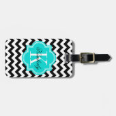 Zwart-wit Chevron met Turquoise Monogram Bagagelabel (Voorkant horizontaal)