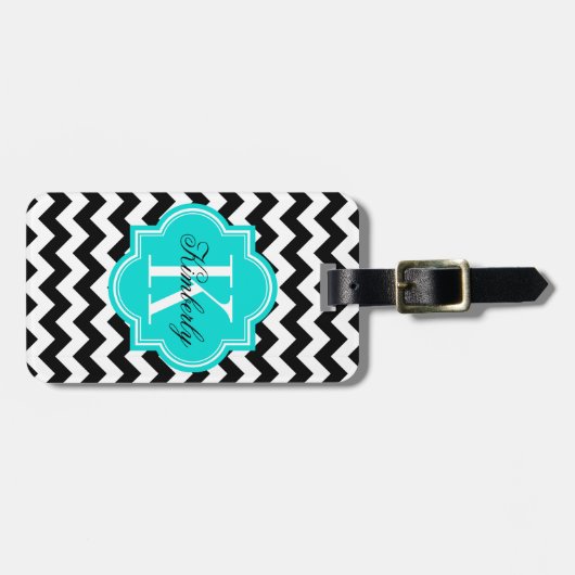 Zwart-wit Chevron met Turquoise Monogram Bagagelabel (Voorkant horizontaal)