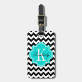 Zwart-wit Chevron met Turquoise Monogram Bagagelabel (Voorkant verticaal)