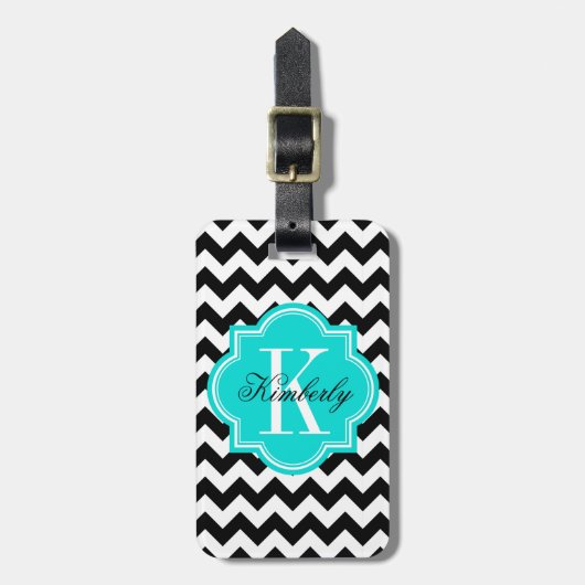 Zwart-wit Chevron met Turquoise Monogram Bagagelabel (Voorkant verticaal)