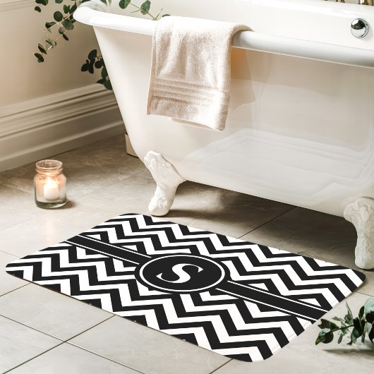 Zwart-wit Chevron-monogram Badmat