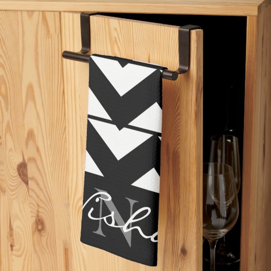 Zwart-wit chevron monogram theedoek (Derde Gevouwen)