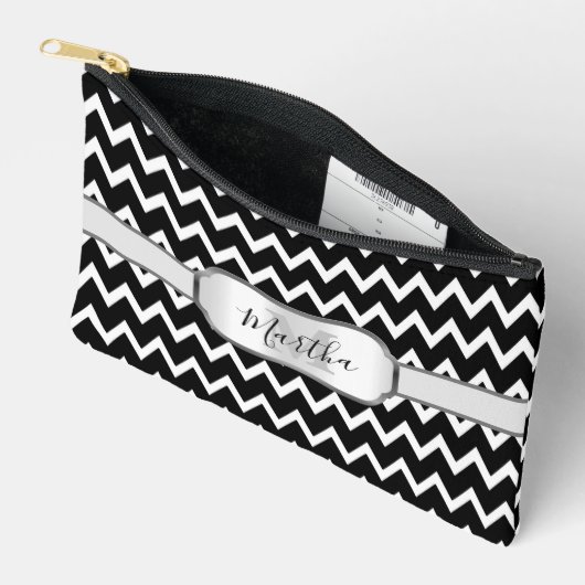 Zwart-wit Chevron patroon Monogrammed Small Etui (Open)
