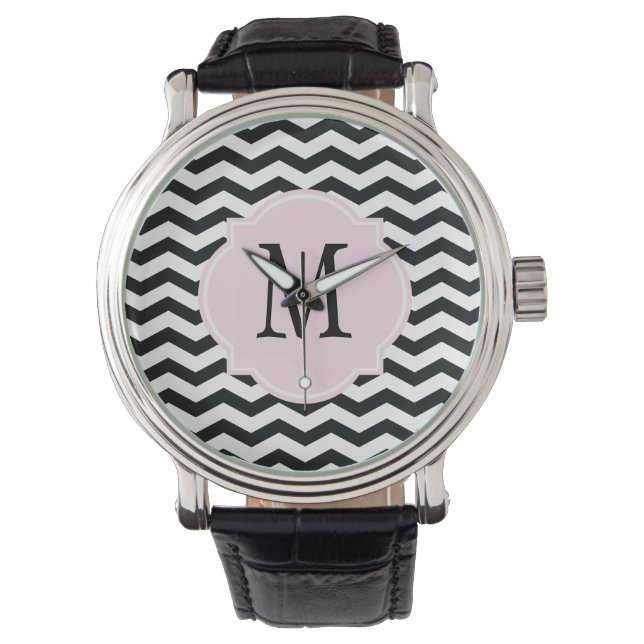 Zwart-wit Chevron Pattern Horloge (Voorkant)