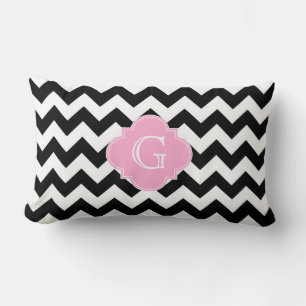Zwart Wit Chevron Roze Quatrefoil Monogram Kussen