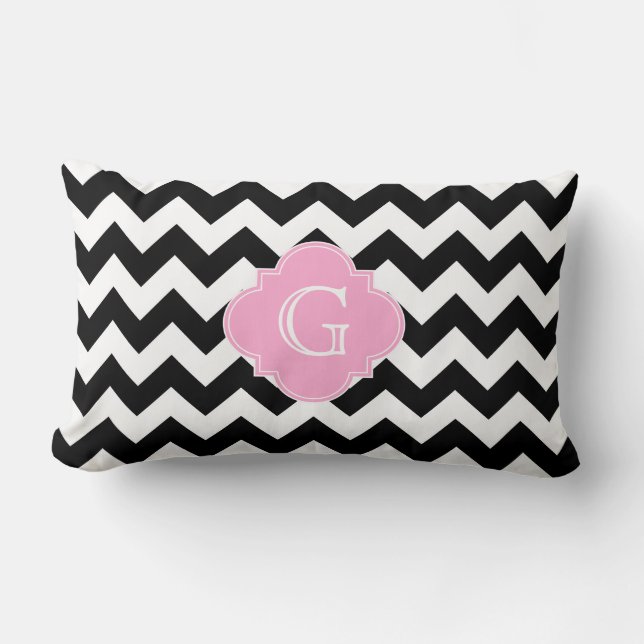 Zwart Wit Chevron Roze Quatrefoil Monogram Kussen (Voorkant)