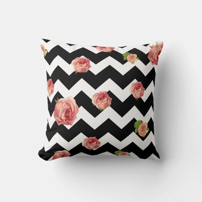 Zwart-wit Chevron rozen Worp Kussen (Voorkant)
