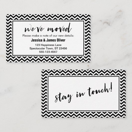 Zwart-wit Chevron "We hebben verplaatst" Plaats Ka Informatiekaartje (Voorkant / Achterkant)