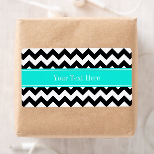 Zwart wit Chevron Zig Zag Brt Aqua Name Monogram Etiket (Insitu)