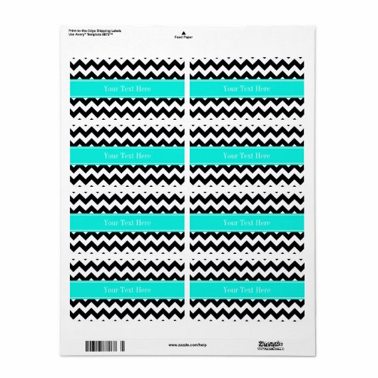 Zwart wit Chevron Zig Zag Brt Aqua Name Monogram Etiket (Full Sheet)