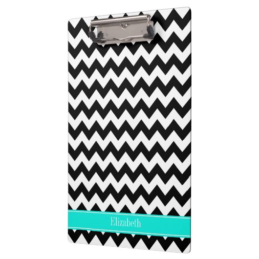 Zwart wit Chevron Zig Zag Brt Aqua Name Monogram Klembord (Links)