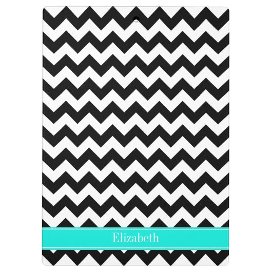 Zwart wit Chevron Zig Zag Brt Aqua Name Monogram Klembord (Achterkant)