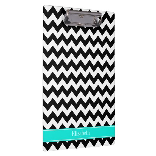 Zwart wit Chevron Zig Zag Brt Aqua Name Monogram Klembord (Rechts)