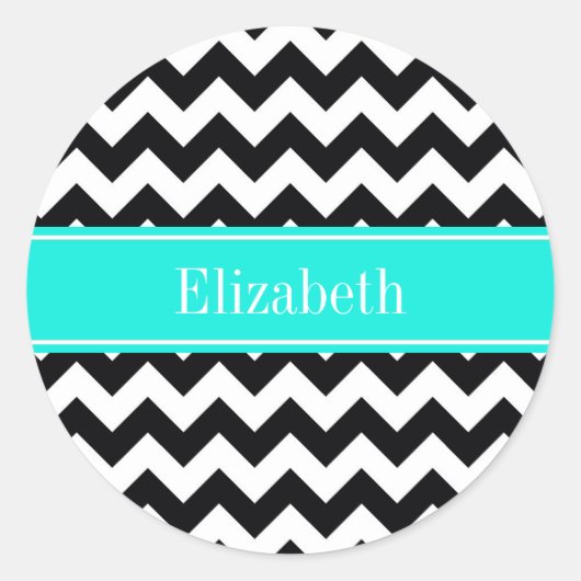 Zwart wit Chevron Zig Zag Brt Aqua Name Monogram Ronde Sticker (Voorkant)