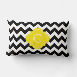 Zwart wit Chevron Zig-Zag Geel Monogram Kussen