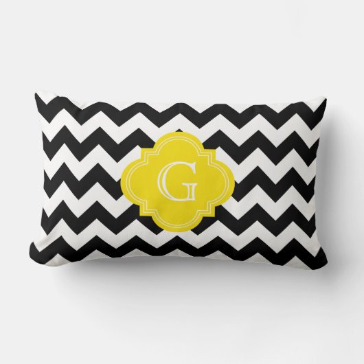 Zwart Wit Chevron Zig-Zag Geel Monogram Kussen (Voorkant)