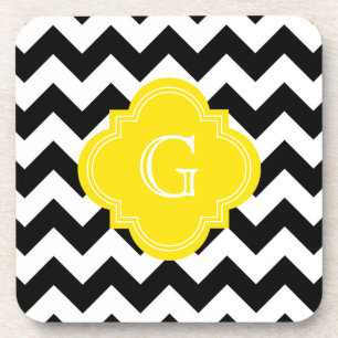 Zwart wit Chevron Zig-Zag Geel Monogram Onderzetter