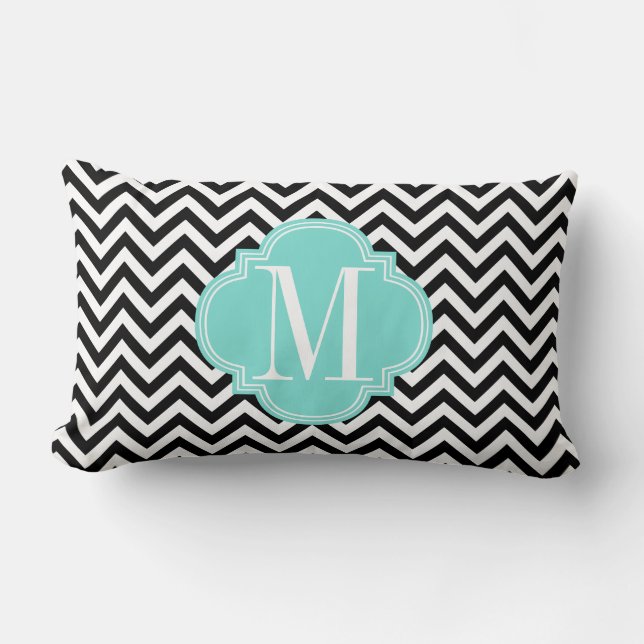 Zwart-wit Chevron Zigzag gepersonaliseerd Monogram Kussen (Voorkant)