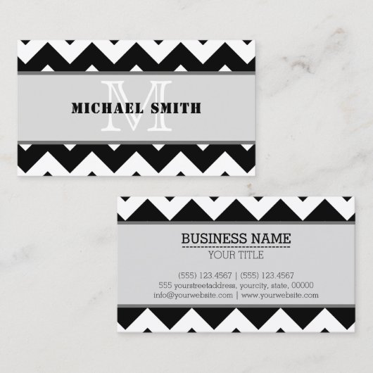 Zwart wit Chevron Zigzag Monogram #2 Visitekaartje (Voorkant / Achterkant)