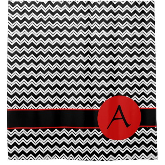 Zwart wit Chevron ZigZag Red Monogram Aangepast Douchegordijn (Voorkant)