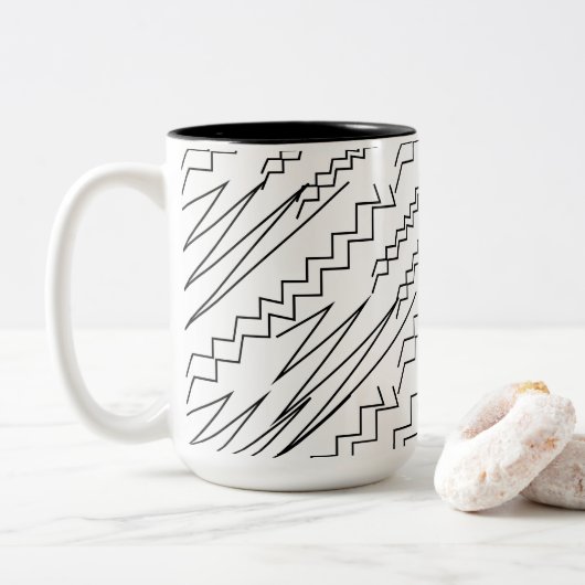 Zwart-wit Chevron Zigzag Stripes Tweekleurige Koffiemok (Met donut)