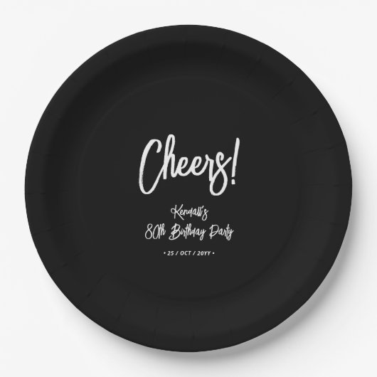 Zwart & Wit | Chic Cheers 80ste verjaardagsfeestje Papieren Bordje (Voorkant)