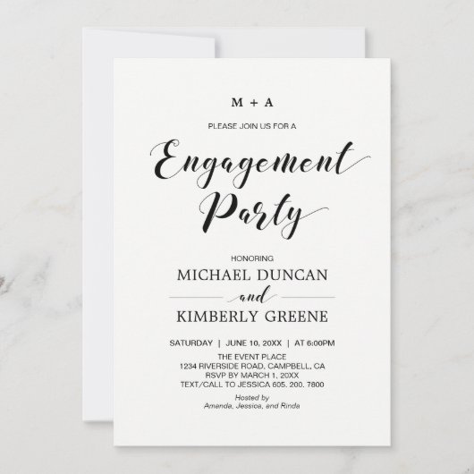 Zwart & Wit | Chic Modern Verloving Feest Kaart (Voorkant)