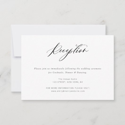 zwart-wit chic script bruiloft receptie kaart (Voorkant)