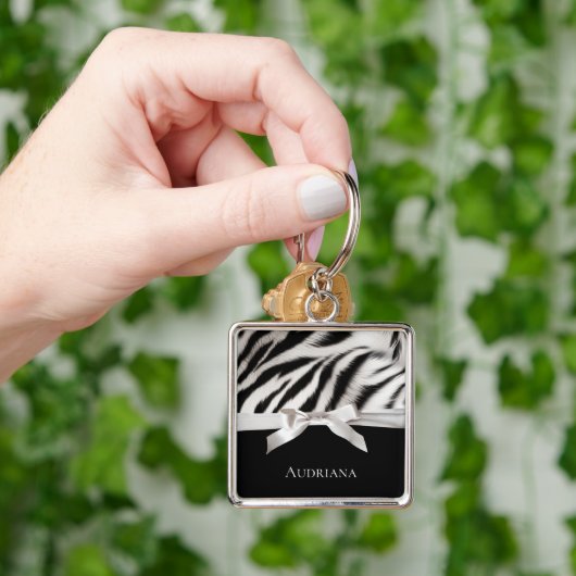Zwart Wit Chic Zebra Print Bow Sleutelhanger (Hand)